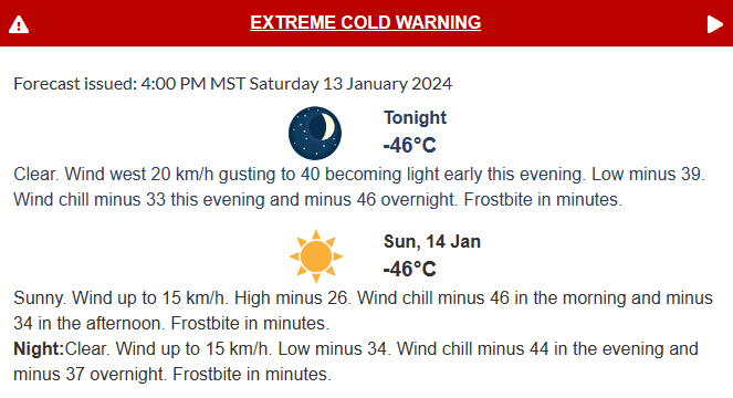 Kananaskis extreme cold warning