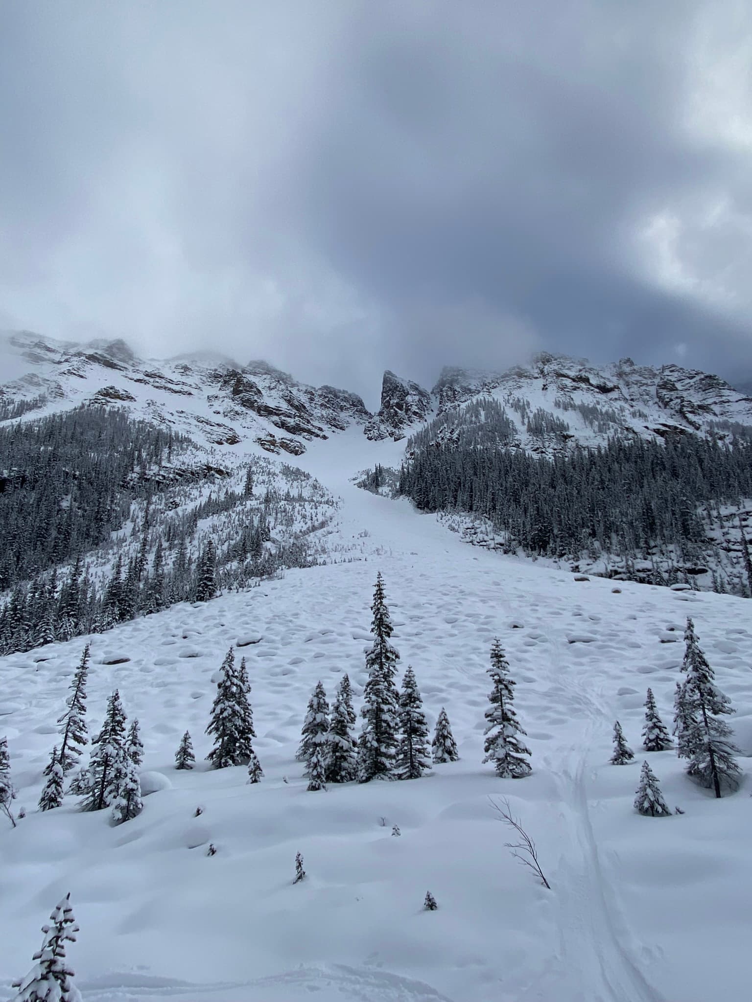 Looking back up at where we skied down